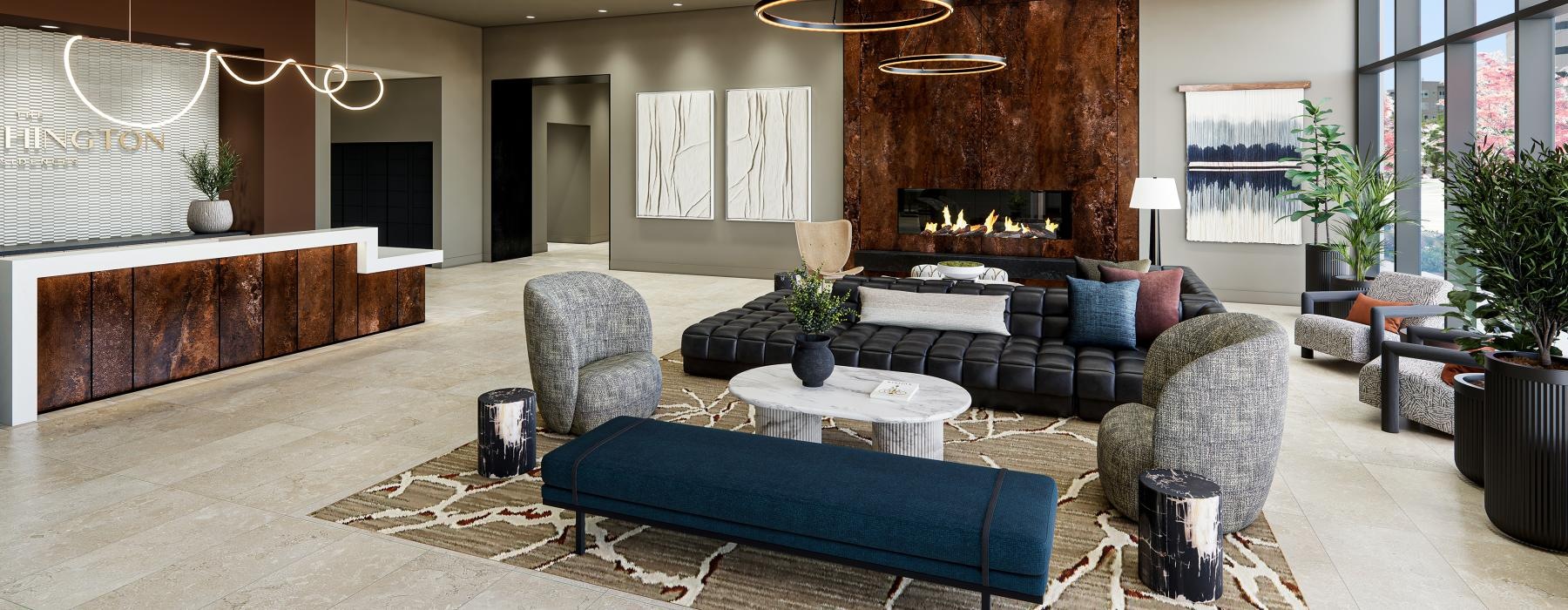 stylish lobby with fireplace and concierge desk