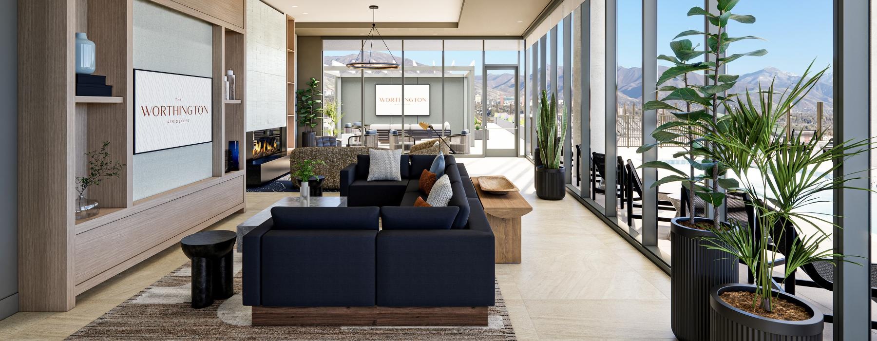 large sectional facing tv in bright clubhouse